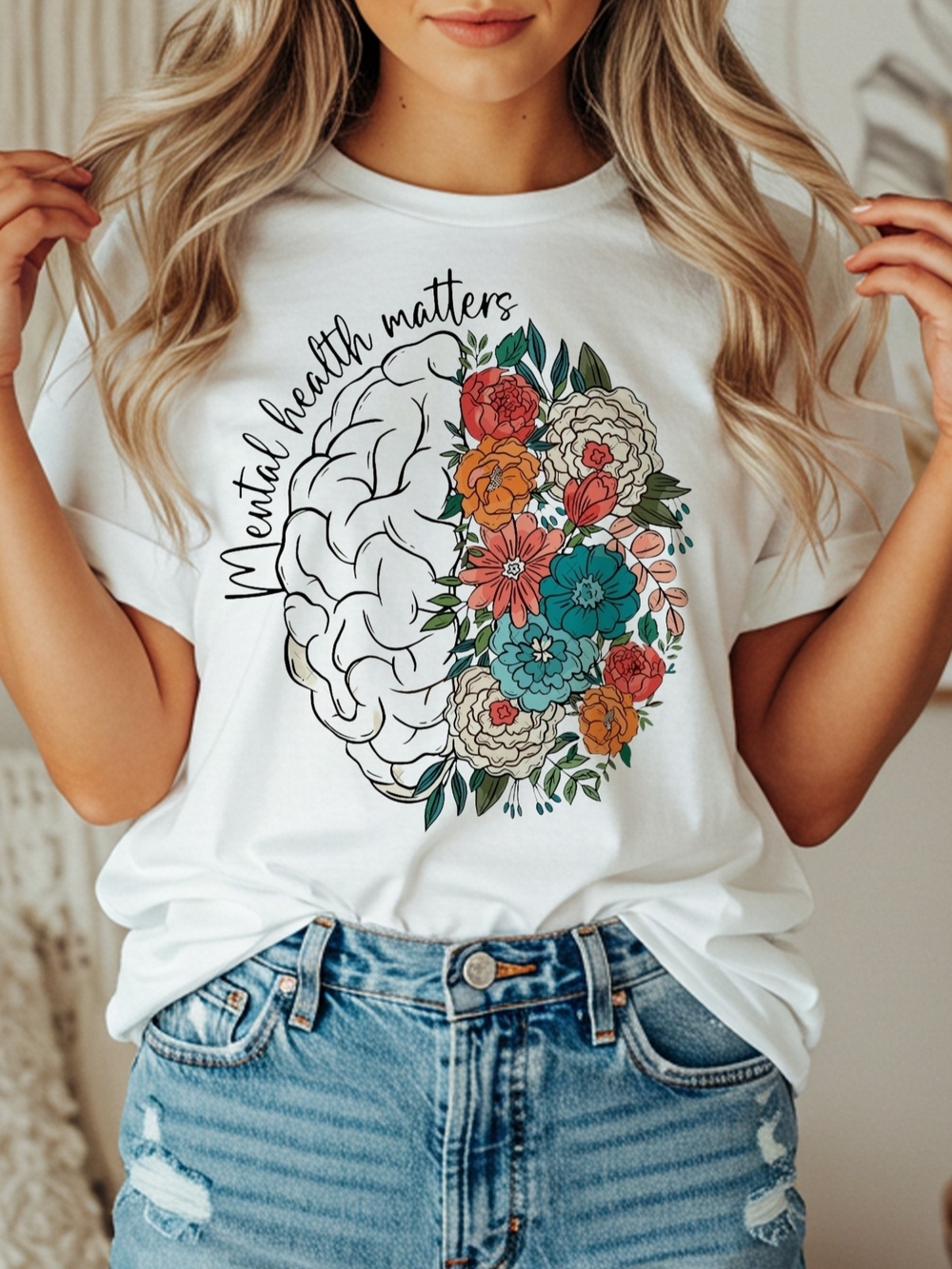 Mental Health Matters Floral Brain Graphic Tee - White
